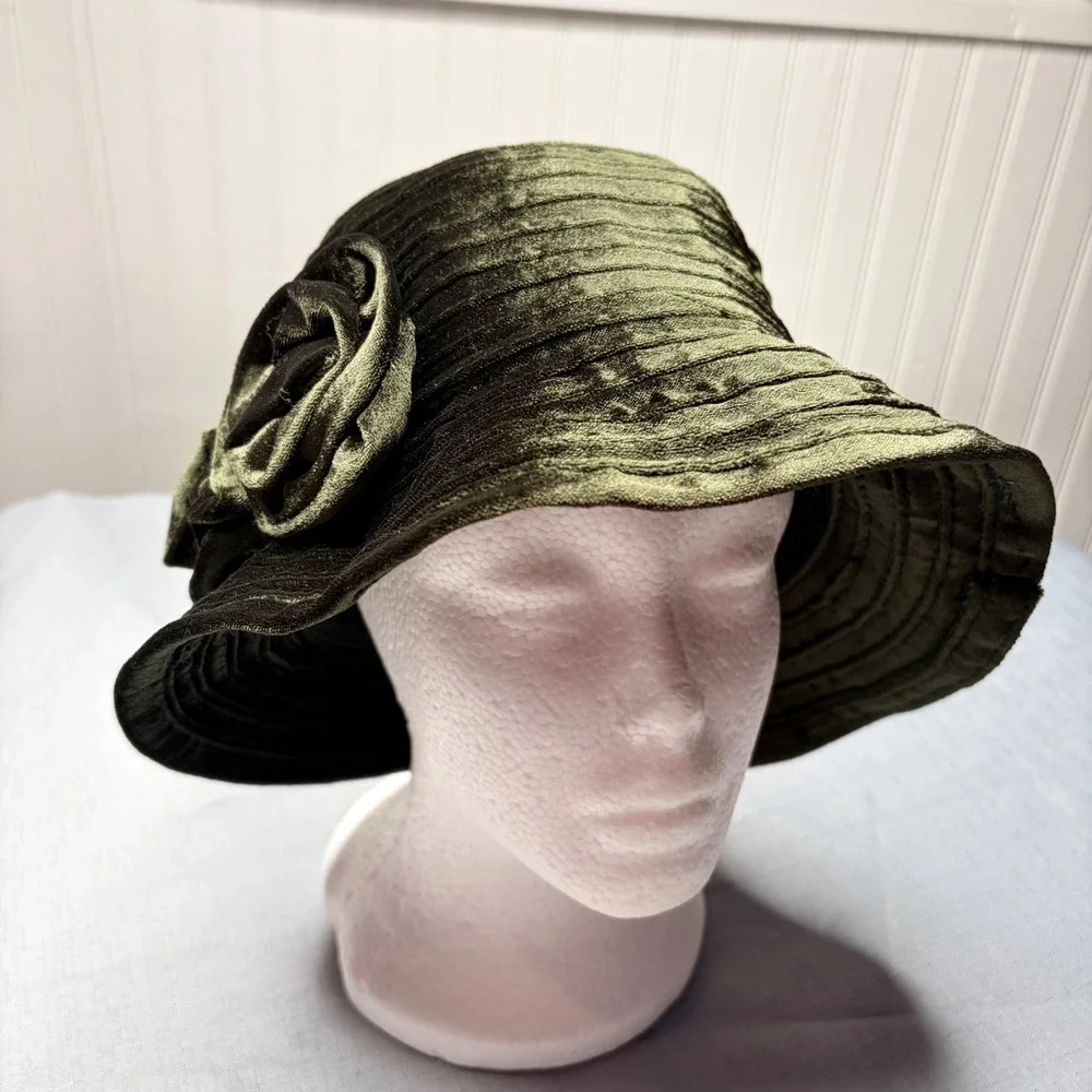 F.C.C Cloche Bucket Hat OSFA Olive Green Crushed Velvet Rosette Flower Accent